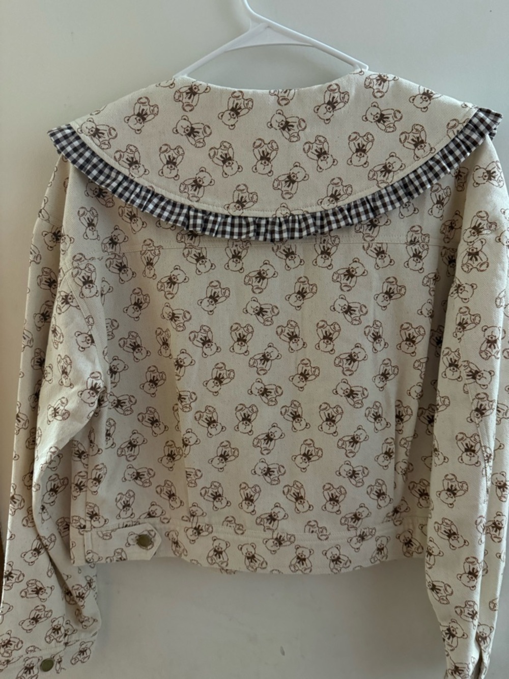 Rare raw Cream Teddy-Print Heart Pocket Jean Jacket - Picture 6 of 7
